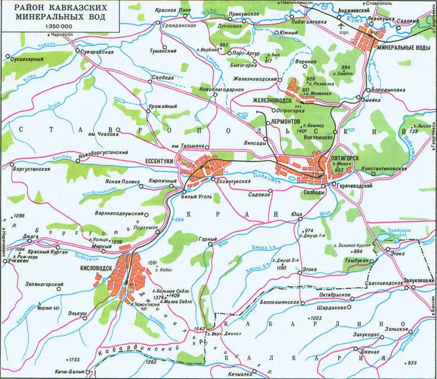 Карта Кавказских Минеральных Вод с расположением курортных городов